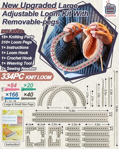 UCDRMA Upgraded Large Adjustable Loom Knitting Kit with Removablepegs Up to 132 Sizes Shapes Weaving Knitting Loom for BlanketsScarvesHats Beginners Infinity Crochet Loom Kit with Instructions - Image 3