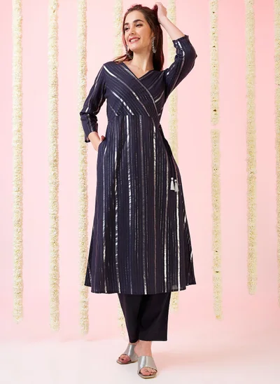 globus Globus Women Woven Design V-Neck Drawstring Tassel Detail A-Line Kurta & Pants Festive Set