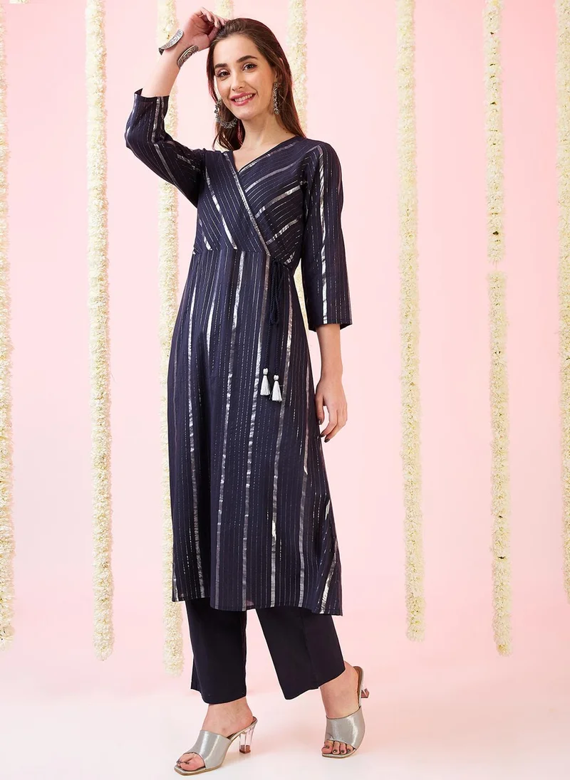 globus Globus Women Woven Design V-Neck Drawstring Tassel Detail A-Line Kurta & Pants Festive Set