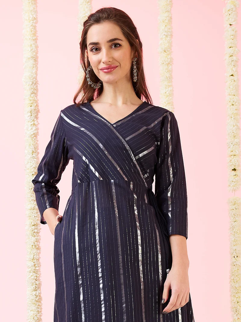 globus Women Woven Design V-Neck Drawstring Tassel Detail A-Line Kurta & Pants Festive Set