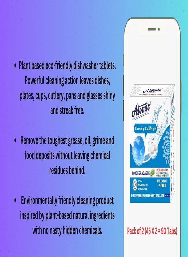 Atomic Dishwasher Detergent Tablets, Hygienic Clean, Effective Cleaning, Bio Enzyme Power, Pack of 2 (90 Count) - Image 2