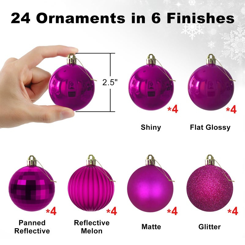 GameXcel Fuchsia 2.5"" Christmas Balls Christmas Tree Decoration Ornaments Shatterproof Hanging Balls for Birthday Halloween Holiday Wedding Decorations Set of 24pcs - Image 2