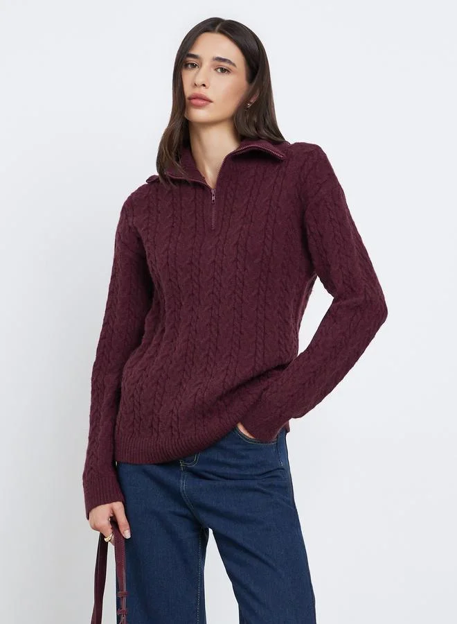 Styli Burgundy Regular Fit Cable Knit Sweater