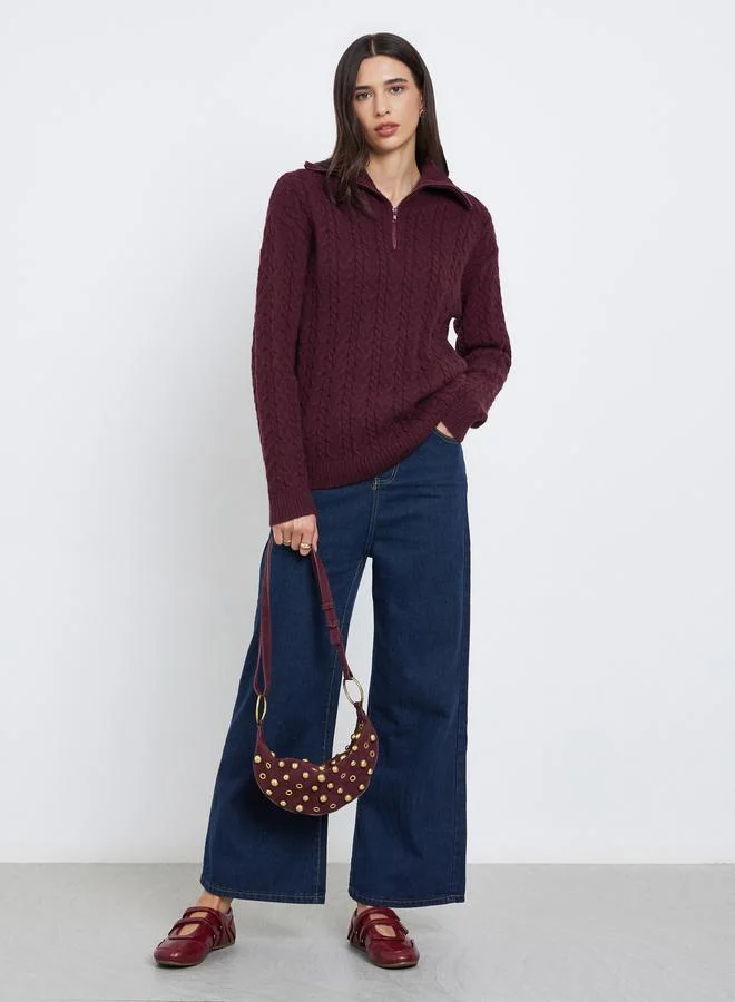 Styli Burgundy Regular Fit Cable Knit Sweater