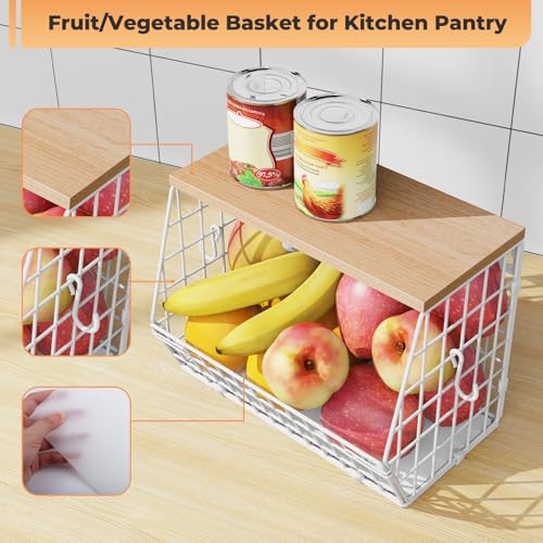 Wawocs White Fruit Bowl Wire Basket Storage Pantry Fruit and Vegetable Storage Fruit Basket for Kitchen Counter Stackable Wall Mounted Hanging Basket Wire Basket with Wood Lid with Hanger Hooks - Image 3