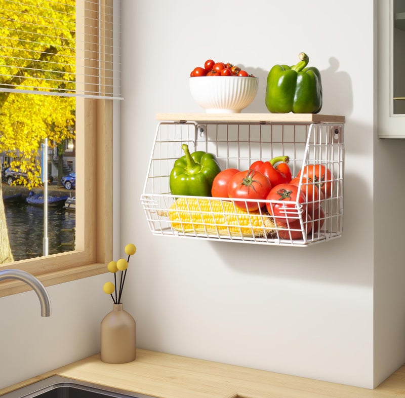 Wawocs White Fruit Bowl Wire Basket Storage Pantry Fruit and Vegetable Storage Fruit Basket for Kitchen Counter Stackable Wall Mounted Hanging Basket Wire Basket with Wood Lid with Hanger Hooks - Image 2