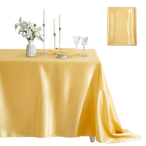Counfeisly 1 Pack Square Satin Table Cover Silkly Soft Table Cloth, Satin Dining Table Cloths for Wedding Banquet Table Decoration, Dining Room, Indoor and Outdoor Use, 52 x 52 Inches, Gold - Image 1