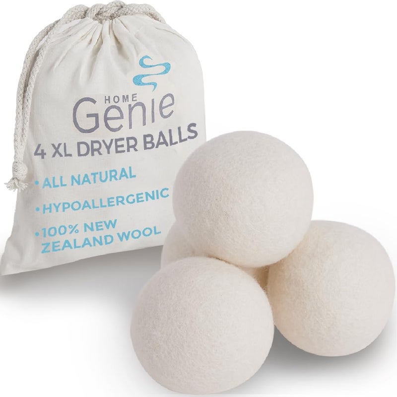 HOME GENIE Wool Reusable Dryer Balls XL, Anti Static Fast Drying Laundry for Pet Hair, Reduces Clothing Wrinkles, Lint, Natural Fabric Softener Essentials, Replace Dryer Sheets, Over 400 Loads 4 Pack - Image 1