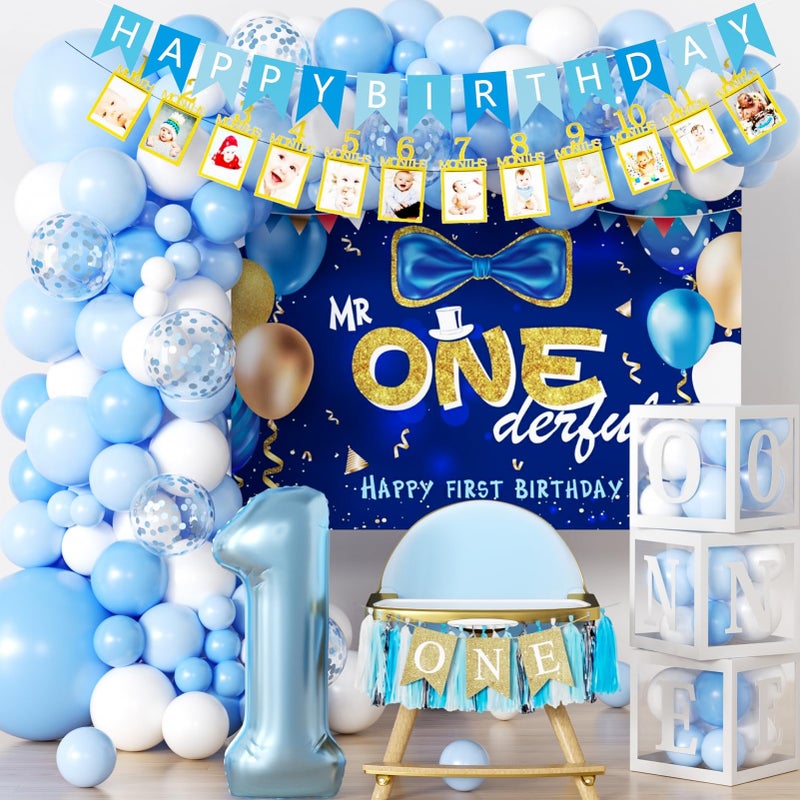 FIGEPO Baby Boy First Birthday Decorations Blue 1 Year Old Birthday Party Supplies for Baby Boy with Balloons Garland kit Mr Onederful Backdrop Balloons Curtains High Chair Burlap Banner Party Boxes - Image 2