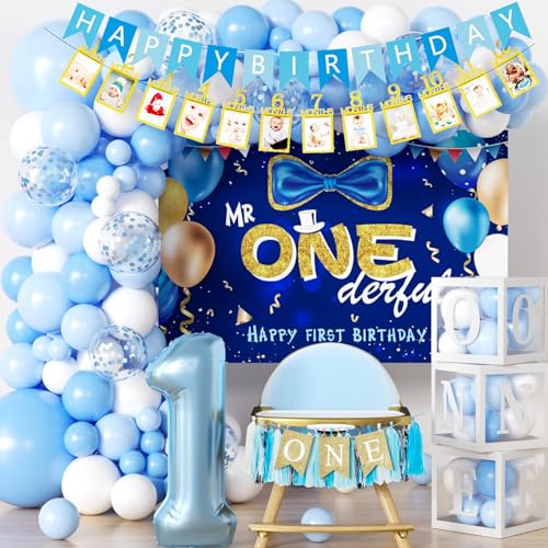 FIGEPO Baby Boy First Birthday Decorations Blue 1 Year Old Birthday Party Supplies for Baby Boy with Balloons Garland kit Mr Onederful Backdrop Balloons Curtains High Chair Burlap Banner Party Boxes - Image 1