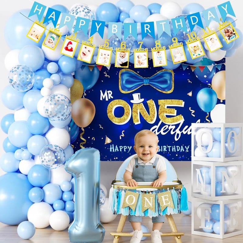 FIGEPO Baby Boy First Birthday Decorations Blue 1 Year Old Birthday Party Supplies for Baby Boy with Balloons Garland kit Mr Onederful Backdrop Balloons Curtains High Chair Burlap Banner Party Boxes - Image 3