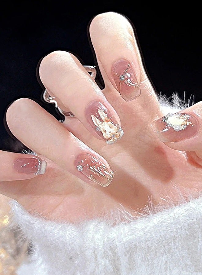 NIBEMINENT 24Pcs Fake Nails, Press Nails In Box,Short-length Flat head shaped Solid Pink White Color Shiny Nail Art,Zircon,Pearl,Rabbit Flowing wax droplets,Fake Nail Patch - Image 1