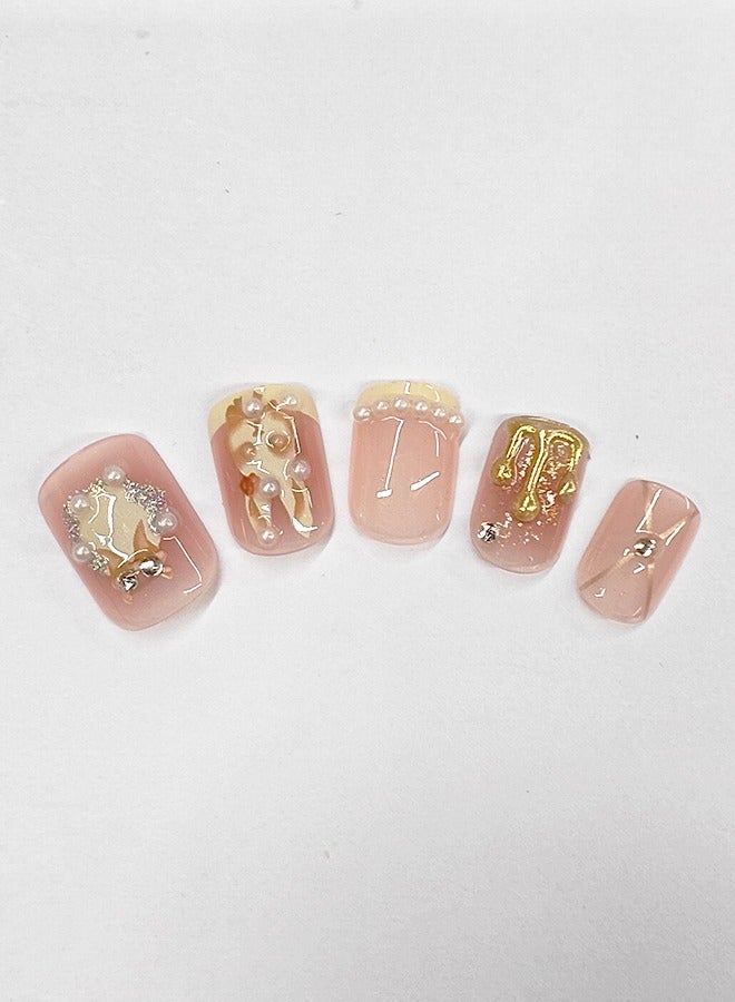 NIBEMINENT 24Pcs Fake Nails, Press Nails In Box,Short-length Flat head shaped Solid Pink White Color Shiny Nail Art,Zircon,Pearl,Rabbit Flowing wax droplets,Fake Nail Patch - Image 2
