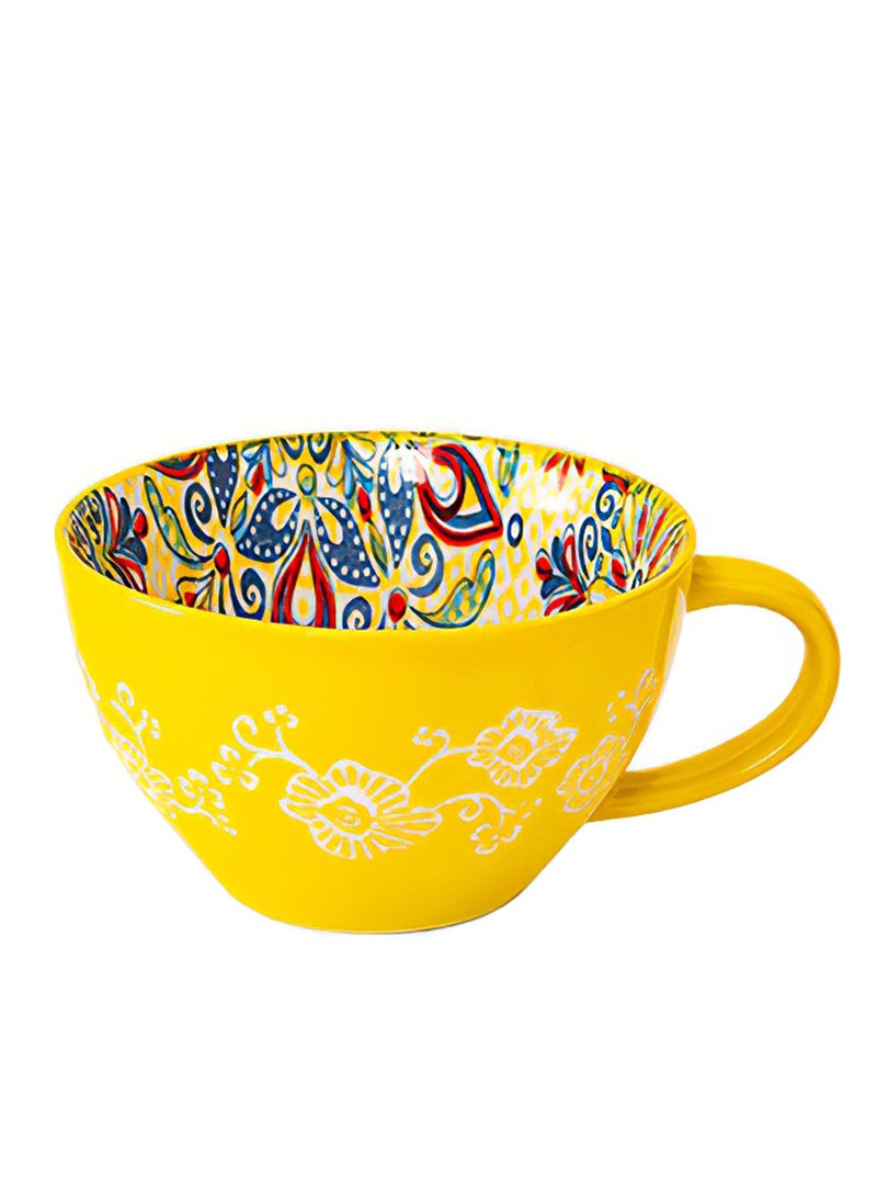 Ceramic Coffee Mug with Handle, Versatile Bohemian Style Gand-Painted Cup for Oatmeal, Milk, Fattoush, Oven, Dishwasher and Microwave Safe, 550ml (Yellow) - Image 1