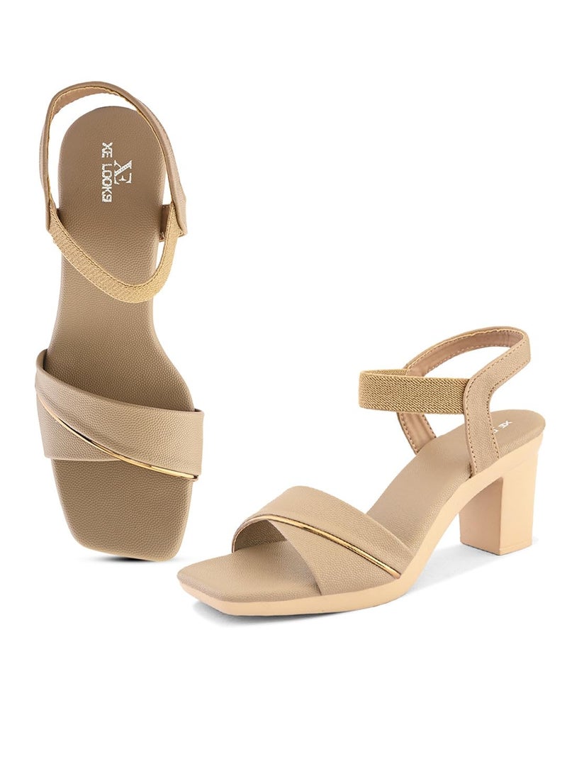 XE Looks Beige Wide Front Strap with Gold Accent | Textured Finish | Cushioned Footbed | Stylish Block Heel Sandal For Girl & Women - Image 1
