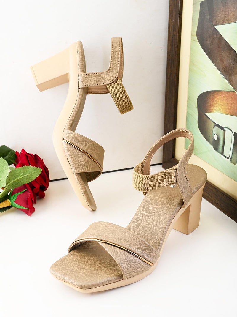 XE Looks Beige Wide Front Strap with Gold Accent | Textured Finish | Cushioned Footbed | Stylish Block Heel Sandal For Girl & Women - Image 2