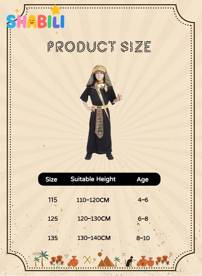 SHABILI Egyptian Pharaoh Halloween Costume for Boys Kids, Breathable Polyester, Deluxe Fancy Dress Cosplay with Gold Headpiece Belt & Cuffs, Ideal for Halloween Parties School Plays & Events (Black) - Image 5