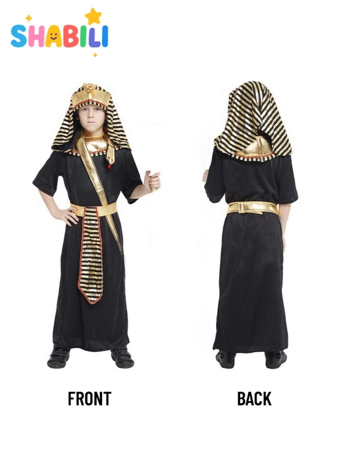 SHABILI Egyptian Pharaoh Halloween Costume for Boys Kids, Breathable Polyester, Deluxe Fancy Dress Cosplay with Gold Headpiece Belt & Cuffs, Ideal for Halloween Parties School Plays & Events (Black) - Image 4