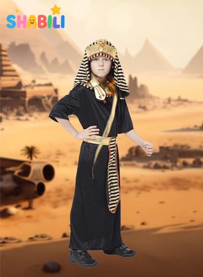 SHABILI Egyptian Pharaoh Halloween Costume for Boys Kids, Breathable Polyester, Deluxe Fancy Dress Cosplay with Gold Headpiece Belt & Cuffs, Ideal for Halloween Parties School Plays & Events (Black) - Image 2