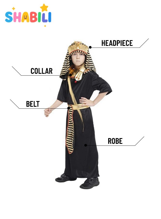 SHABILI Egyptian Pharaoh Halloween Costume for Boys Kids, Breathable Polyester, Deluxe Fancy Dress Cosplay with Gold Headpiece Belt & Cuffs, Ideal for Halloween Parties School Plays & Events (Black) - Image 3