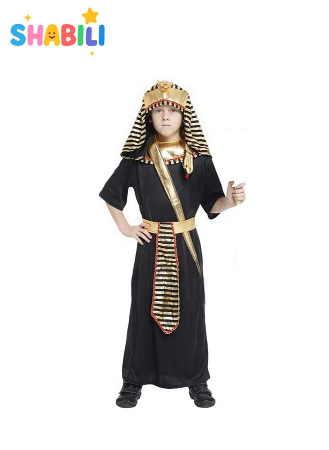 SHABILI Egyptian Pharaoh Halloween Costume for Boys Kids, Breathable Polyester, Deluxe Fancy Dress Cosplay with Gold Headpiece Belt & Cuffs, Ideal for Halloween Parties School Plays & Events (Black) - Image 1