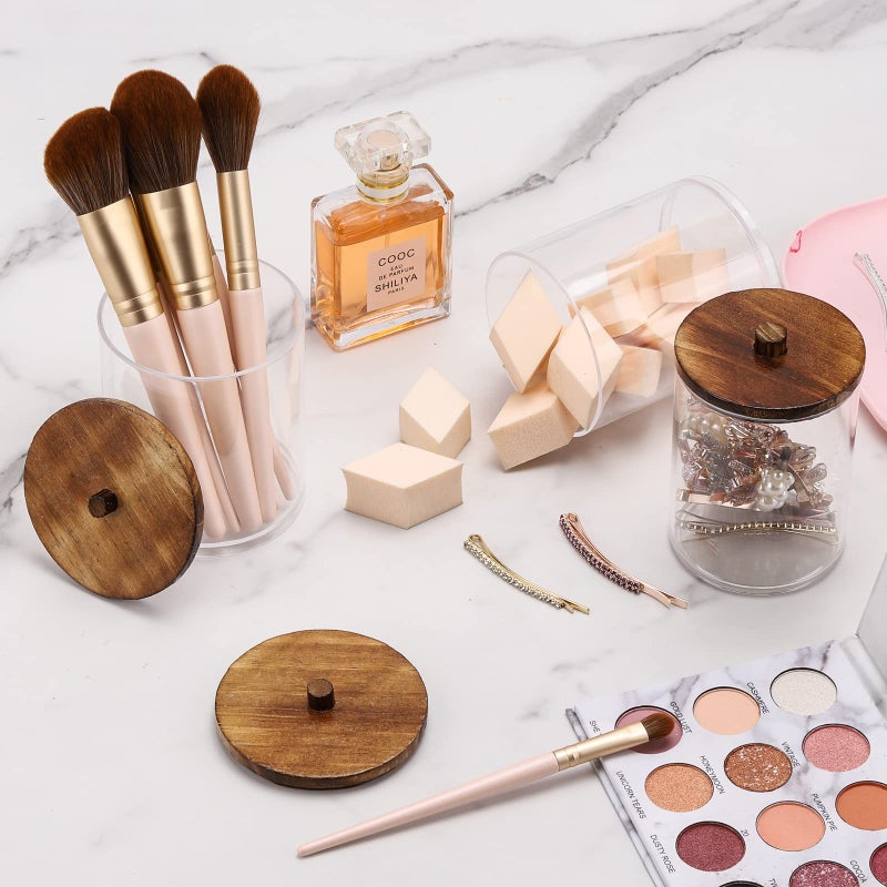 Tbestmax 4 Pack Qtip Holder Dispenser Cotton Ball, Cotton Swab, Floss - 12oz, 10 oz Clear Plastic Apothecary Jars for Bathroom Organizer and Storage Containers (Brown Wood Lids) - Image 4