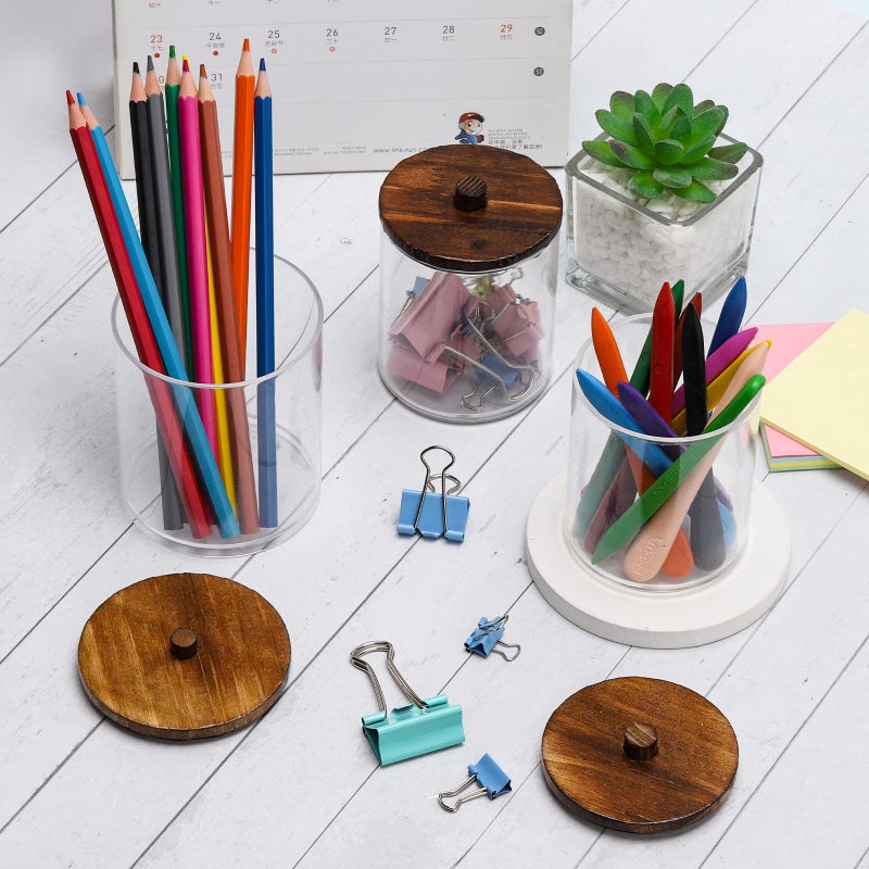 Tbestmax 4 Pack Qtip Holder Dispenser Cotton Ball, Cotton Swab, Floss - 12oz, 10 oz Clear Plastic Apothecary Jars for Bathroom Organizer and Storage Containers (Brown Wood Lids) - Image 5