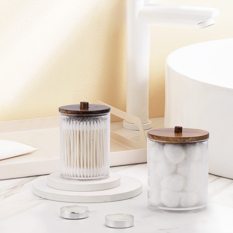 Tbestmax 4 Pack Qtip Holder Dispenser Cotton Ball, Cotton Swab, Floss - 12oz, 10 oz Clear Plastic Apothecary Jars for Bathroom Organizer and Storage Containers (Brown Wood Lids) - Image 3