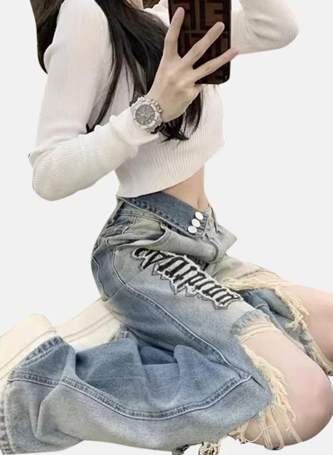 YUNIQEE Grey High-Rise Slash Knee Embroidered Light Fade Denim Jeans