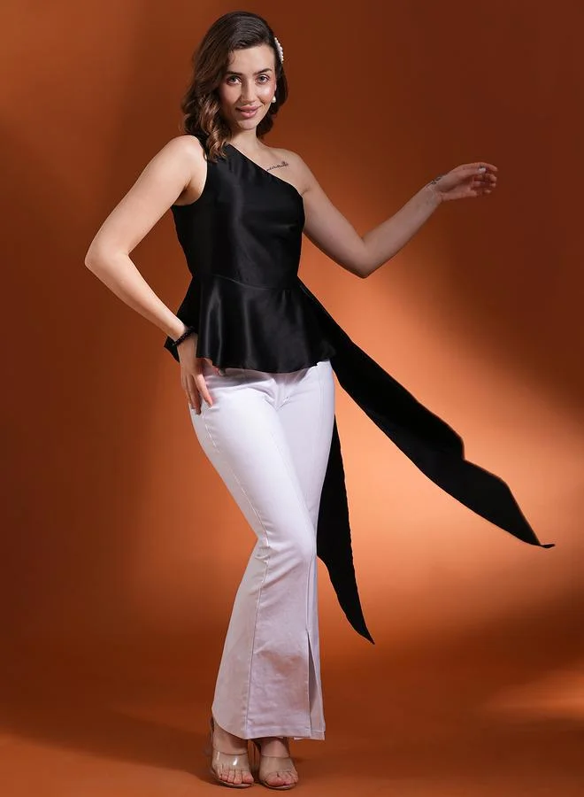 globus Globus Women Black Solid One Shoulder Satin Peplum Top with Gathered Overlay