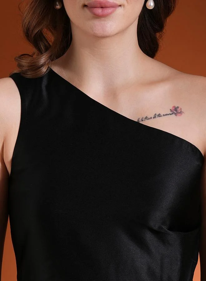 globus Globus Women Black Solid One Shoulder Satin Peplum Top with Gathered Overlay