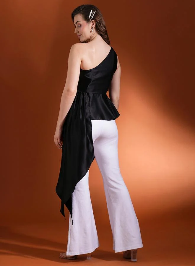 globus Globus Women Black Solid One Shoulder Satin Peplum Top with Gathered Overlay