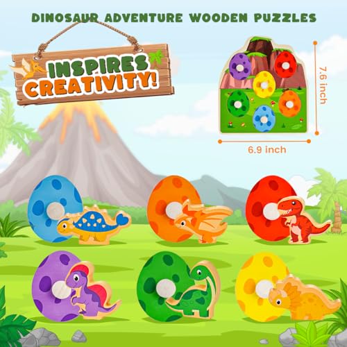 3 otters Dinosaur Peg Puzzles Wooden Learning Toys Shape Sorter Color Match Games Educational Memory Activities for Toddler Montessori Development Entertainment Prek Kindergarten Boys Girls Gifts - Image 5