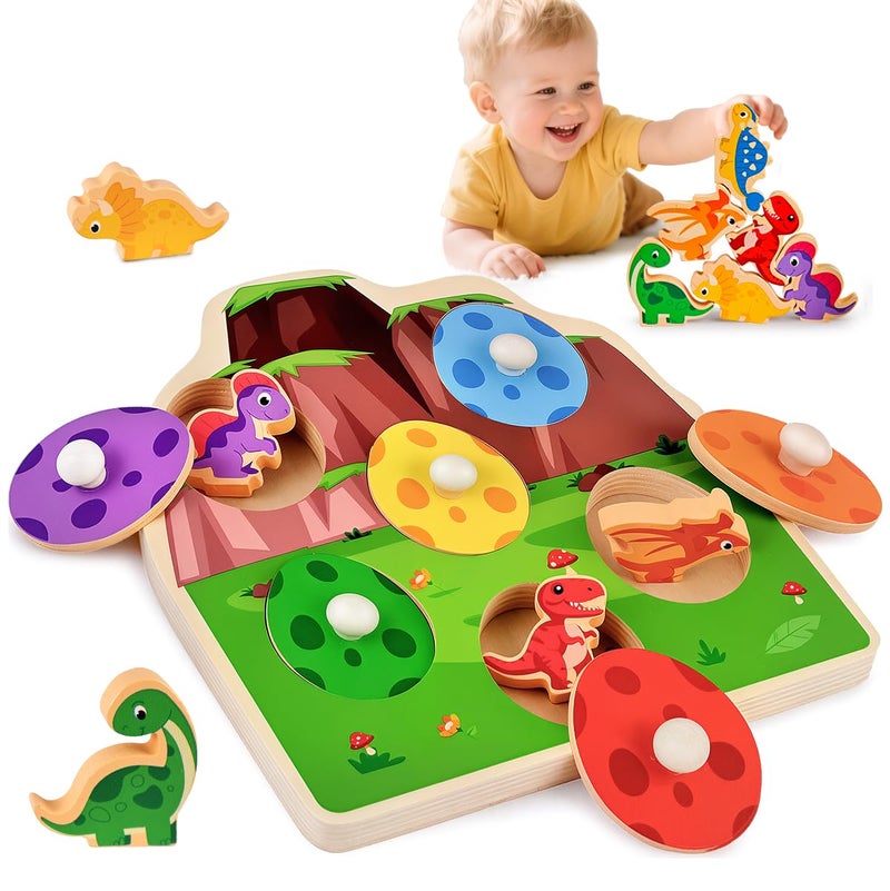 3 otters Dinosaur Peg Puzzles Wooden Learning Toys Shape Sorter Color Match Games Educational Memory Activities for Toddler Montessori Development Entertainment Prek Kindergarten Boys Girls Gifts - Image 3