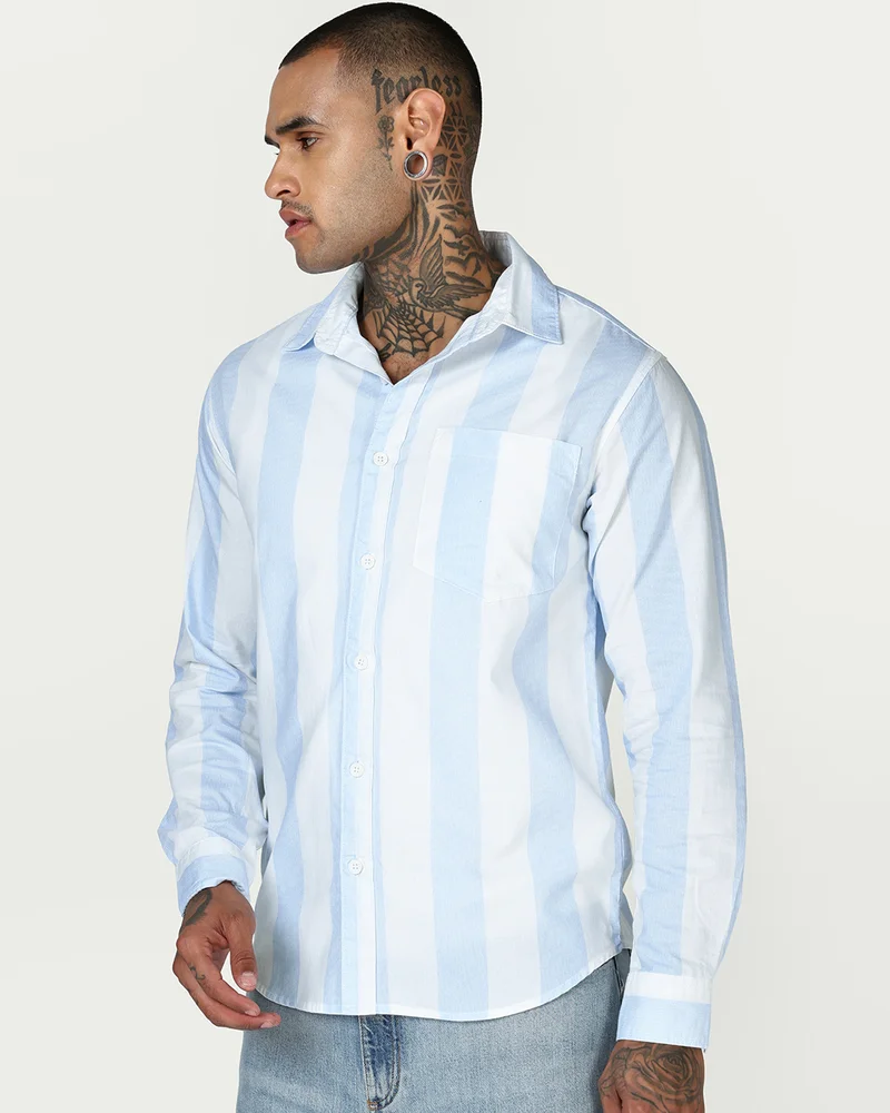 بيواكوف Men's White & Blue Striped Shirt