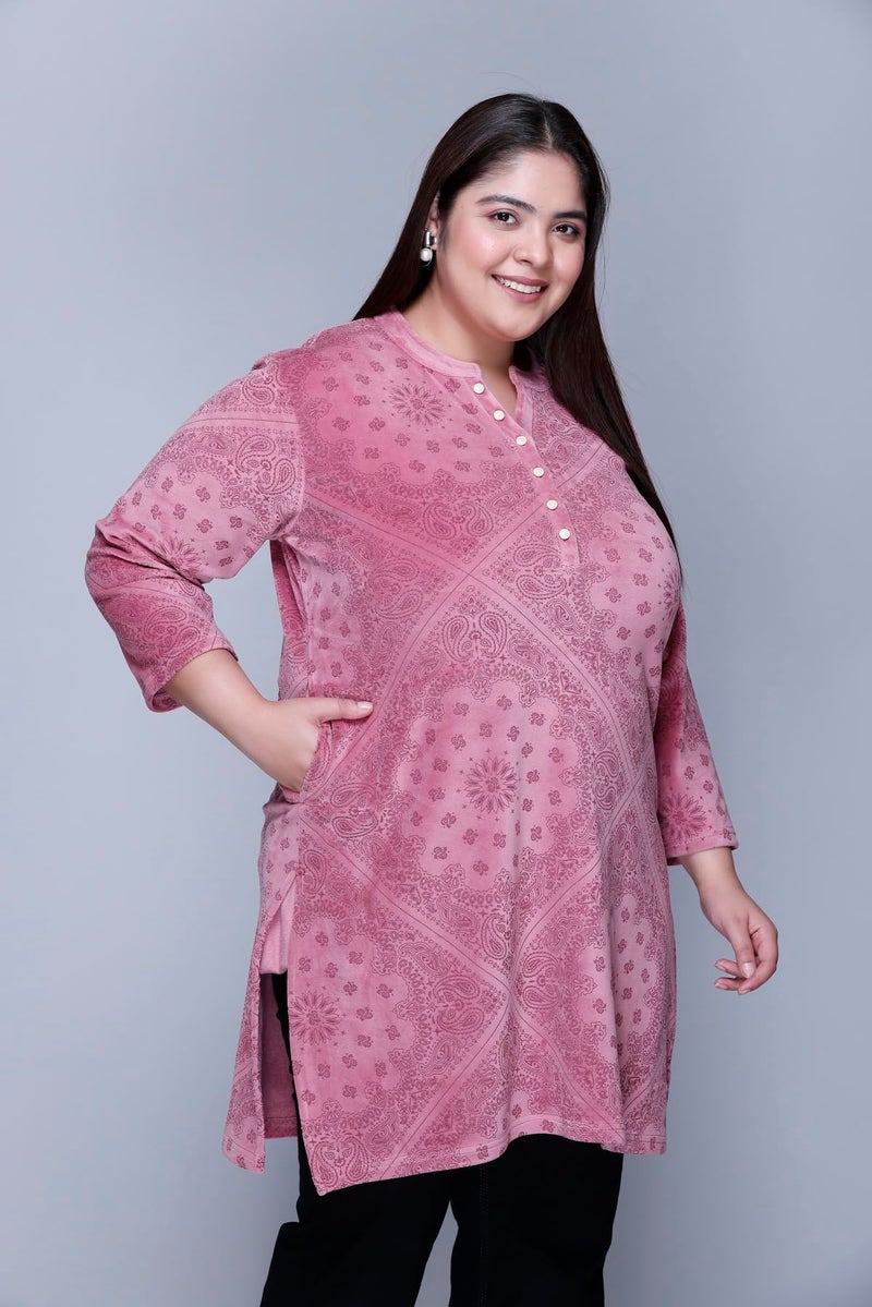 In Love Women's Winter Wear Warm Plus Size Raising Velvet Full Sleeve All Over Printed Regular Fit Kurti, SSA04103_XXL, Pink - Image 4