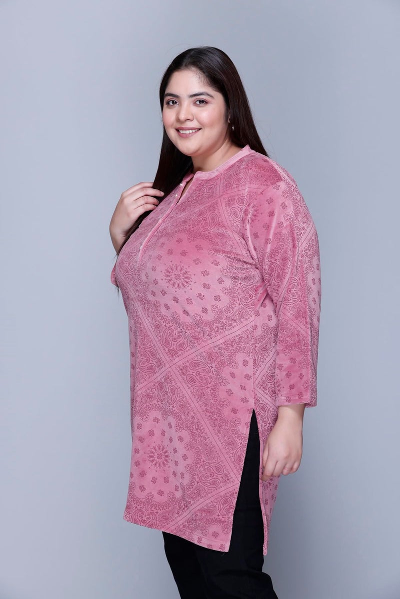 In Love Women's Winter Wear Warm Plus Size Raising Velvet Full Sleeve All Over Printed Regular Fit Kurti, SSA04103_XXL, Pink - Image 5