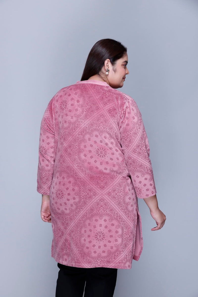 In Love Women's Winter Wear Warm Plus Size Raising Velvet Full Sleeve All Over Printed Regular Fit Kurti, SSA04103_XXL, Pink - Image 3