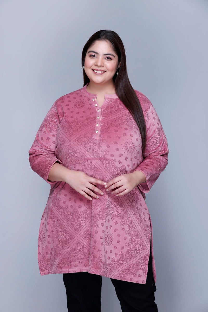 In Love Women's Winter Wear Warm Plus Size Raising Velvet Full Sleeve All Over Printed Regular Fit Kurti, SSA04103_XXL, Pink - Image 2