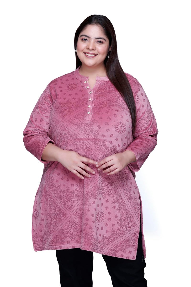 In Love Women's Winter Wear Warm Plus Size Raising Velvet Full Sleeve All Over Printed Regular Fit Kurti, SSA04103_XXL, Pink - Image 1