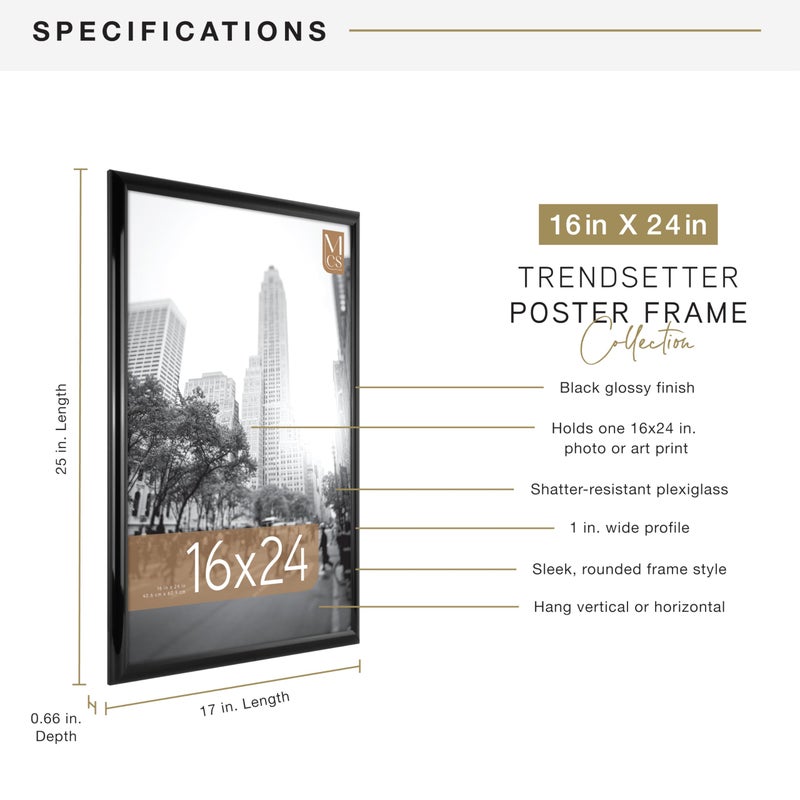 MCS Trendsetter 16x24 Poster Frame Black High-Gloss, Vertical & Horizontal Wall Hanging Large Picture Frame for Photos, Posters & Art Prints (1-Pack) - Image 4