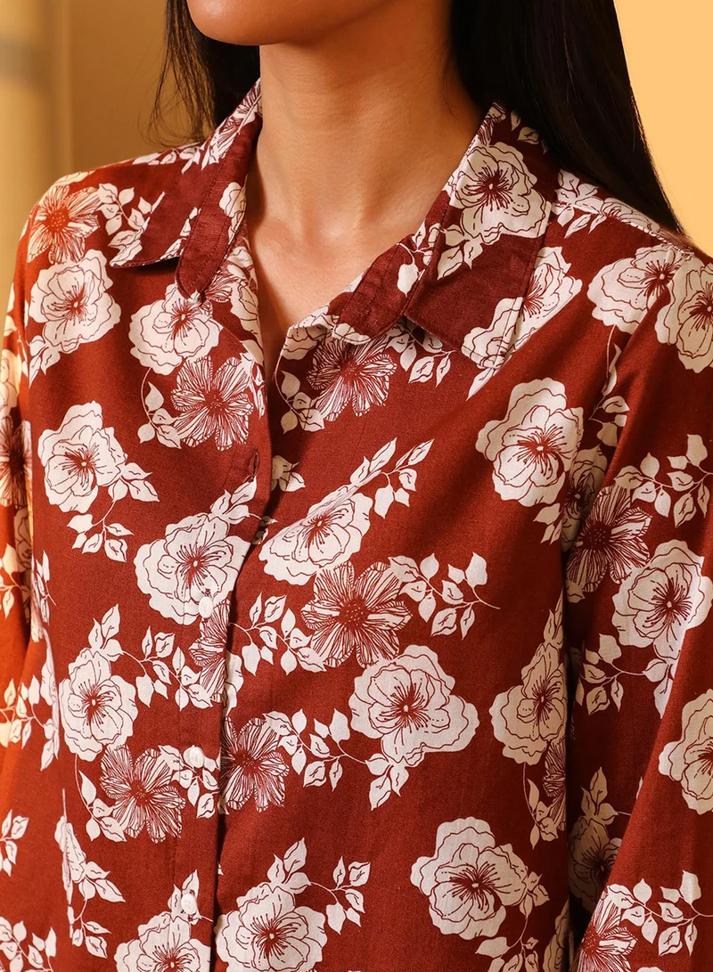 PINACOLADA Womne's Mocha Brown Floral Print Shirt