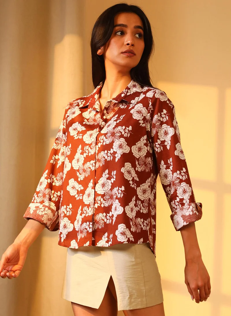 PINACOLADA Womne's Mocha Brown Floral Print Shirt