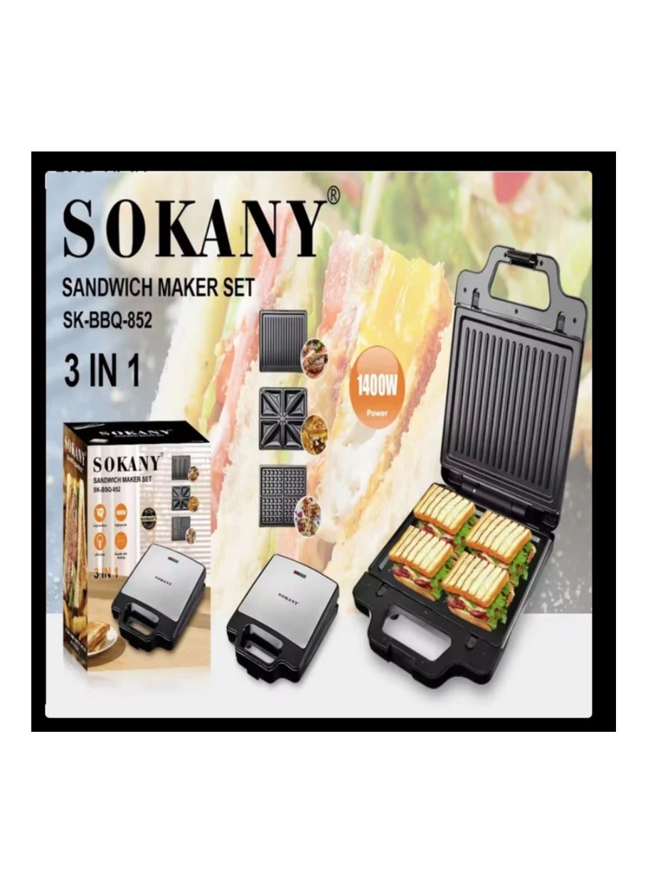 sokany 3-in-1 sandwich maker (grill, toast, waffle), double-sided