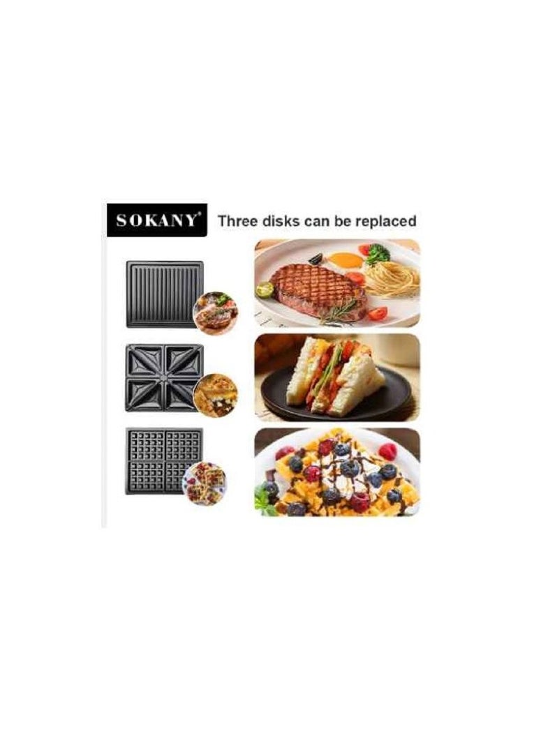 sokany - 3-in-1 sandwich maker (grill, toast, waffle), double-sided heating, large size, 1400 watts - Image 1