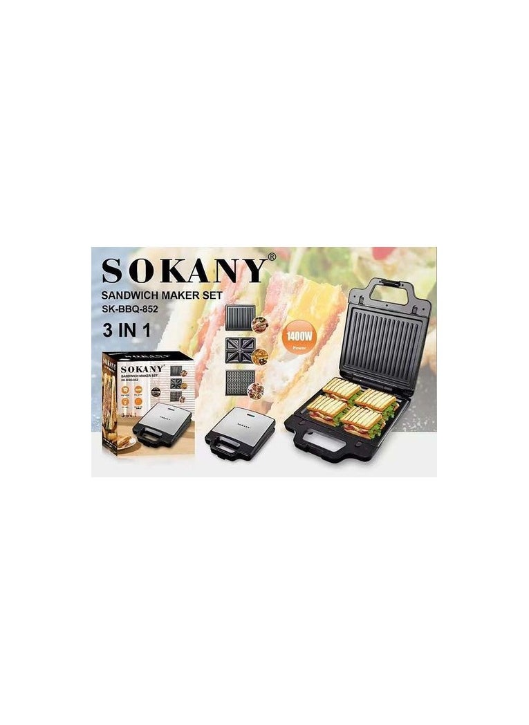 sokany - 3-in-1 sandwich maker (grill, toast, waffle), double-sided heating, large size, 1400 watts - Image 1