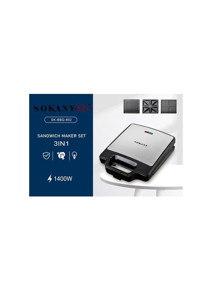 sokany - 3-in-1 sandwich maker (grill, toast, waffle), double-sided heating, large size, 1400 watts - Image 1
