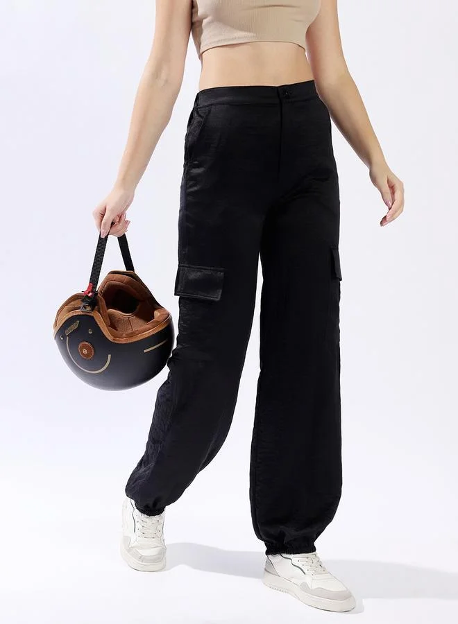 HIGH STAR Women Relaxed Loose Fit High-Rise Cargo Textured Satin Jogger Trousers