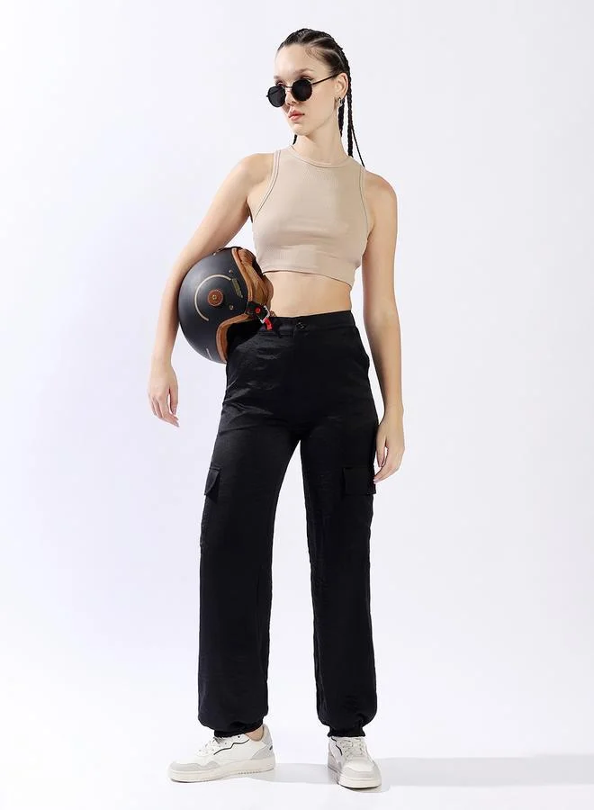 HIGH STAR Women Relaxed Loose Fit High-Rise Cargo Textured Satin Jogger Trousers