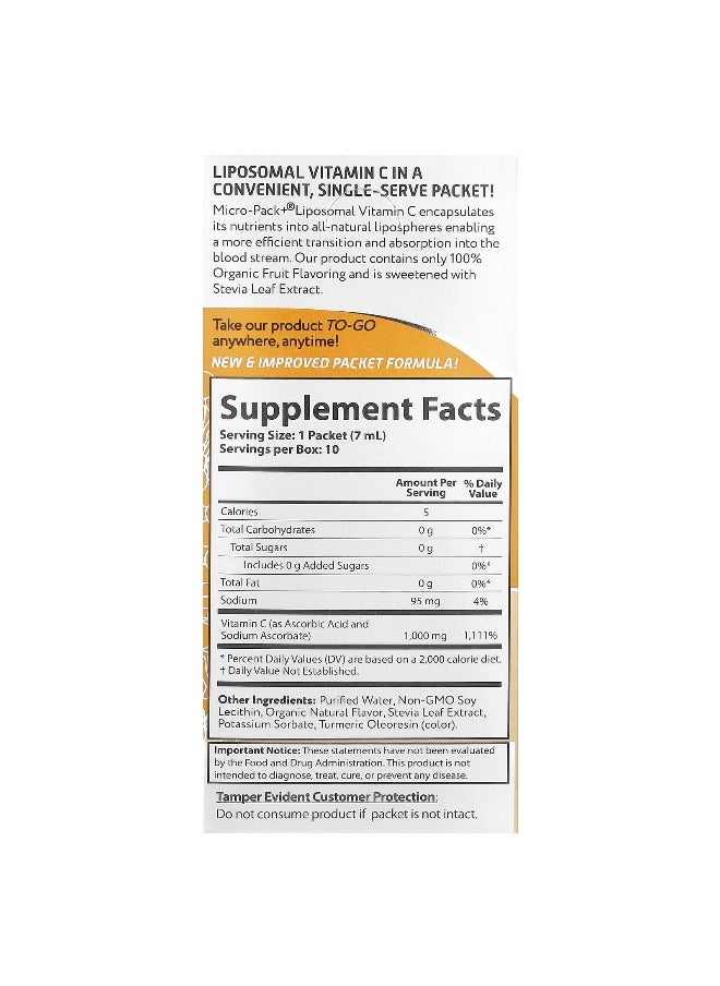 Aurora Nutrascience - Aurora Nutrascience, Micro-Pack+®, Liposomal Vitamin C, 1,000 mg, 10 Packets, 0.24 fl oz (7 ml) Each - Image 1